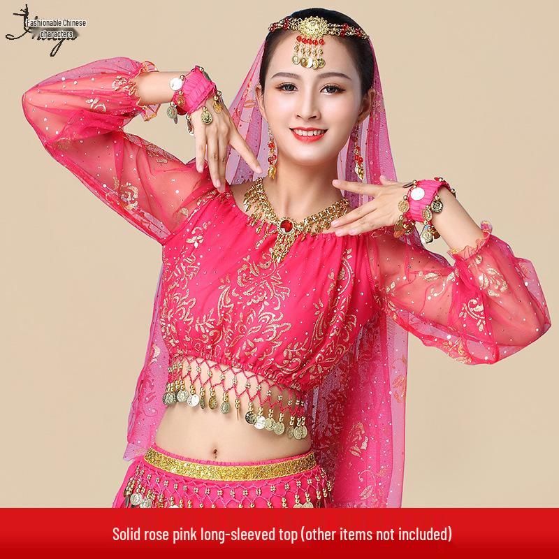 Fantasia de Apresentação de Dança do Ventre Indiana Huayu - Conjunto de Vestido de Manga Comprida de Chiffon para Mulheres