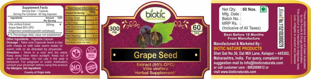 Biotic Natural Grape Seed Extract Capsules - Organic Grapeseed Extract Supplement Capsule - 120 Veg Capsules (Pack of 2)