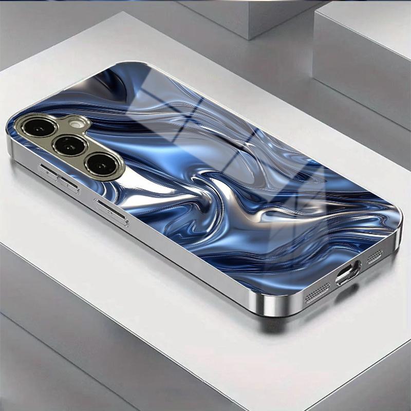 Blue Silver Swirl Electroplated Tempered Glass Phone Case Suitable for Samsung Galaxy S26 S25 S24 S23 S22 S21 and Other Models