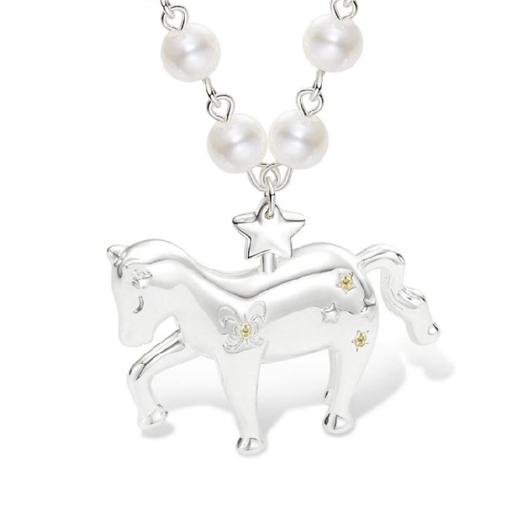 Long Chain Horse Pendant Pearls Necklace Designed for Easy Layering Alongside Other Chains in Fashion Styles
