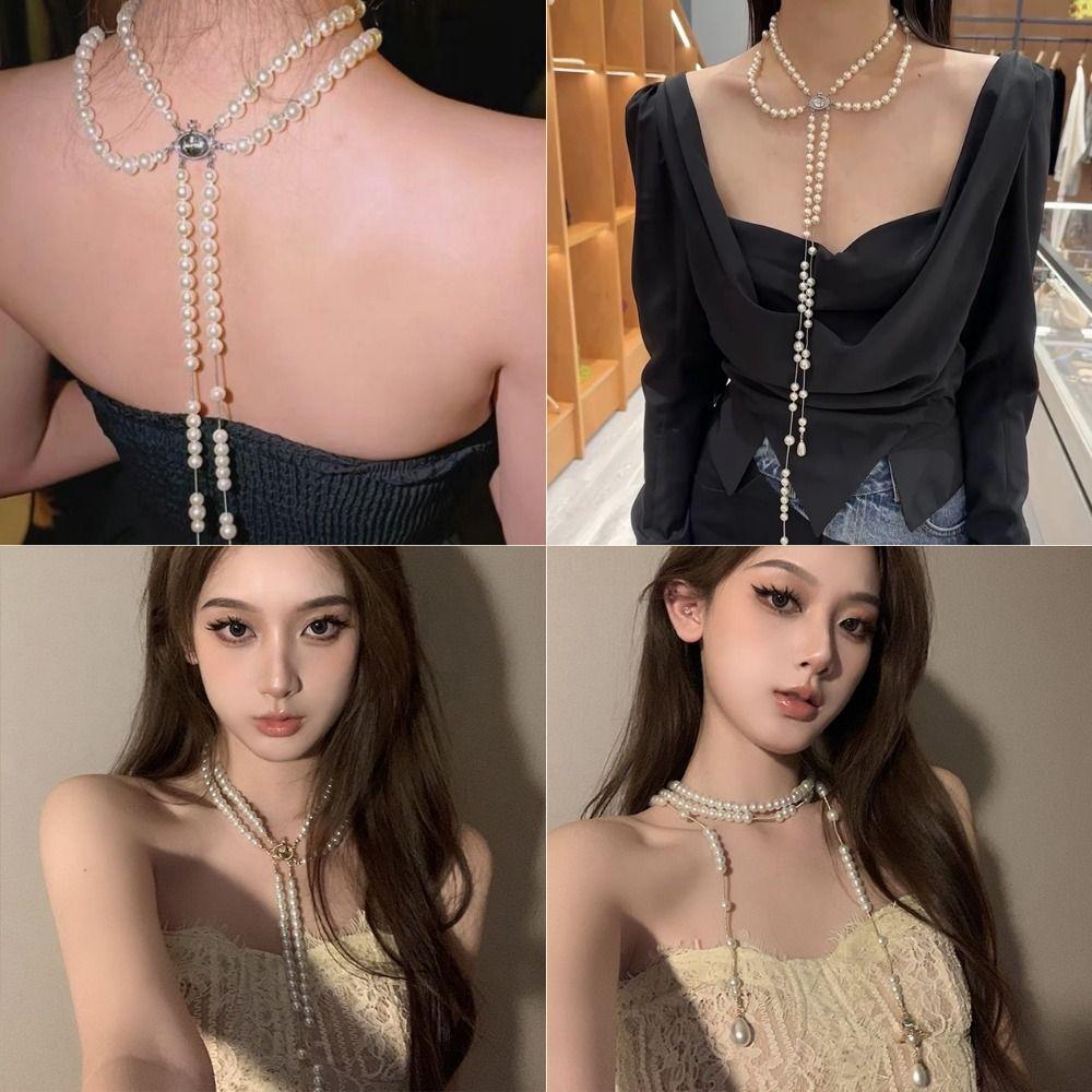 Fashion Jewelry Pearl Sweater Chain Asymmetric Pearl Choker Multi-Layer Necklace  French Style