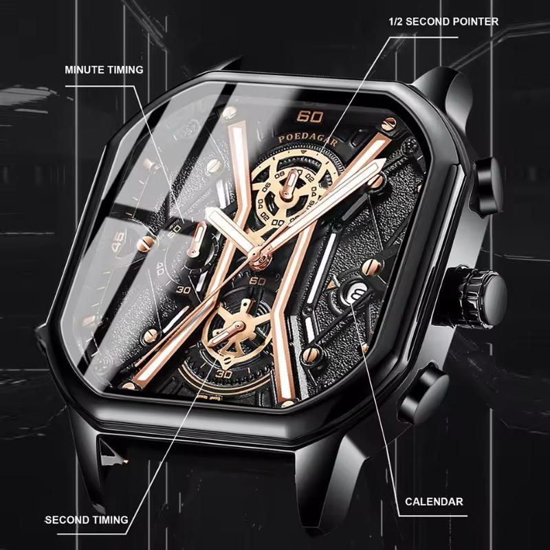 POEDAGAR Fashion Men Wristwatches Luxury Chronograph Luminous Waterproof Date Watch Square Dial Leather Quartz Watches