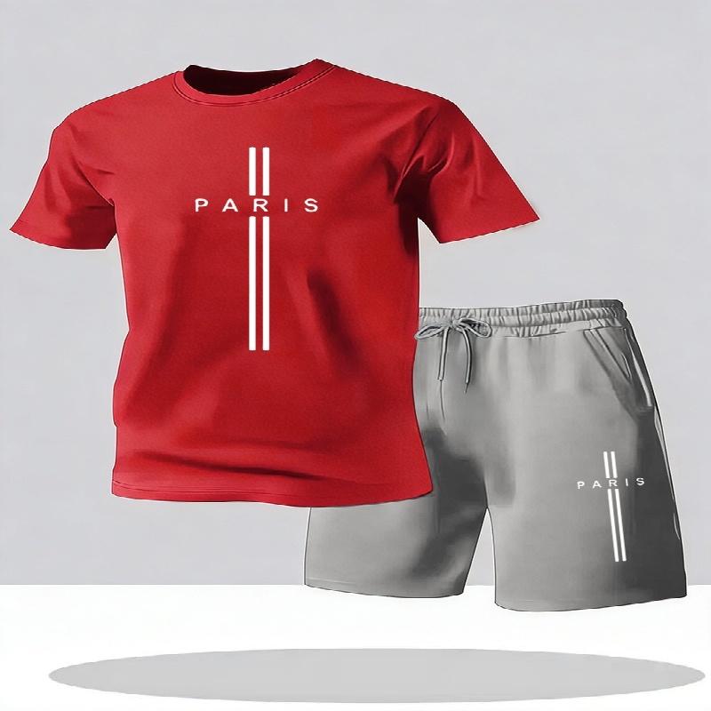 New Minimalist Solid-Color Paris Letter Print T-Shirt and Shorts Two-Piece Set Summer Plus-Size Athletic Men's Short-Sleeve Set