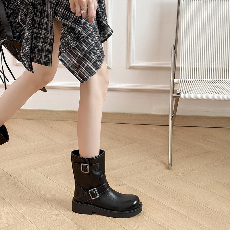 Cowhide~ Maillard Boots Retro Leather Medium Boots Women's Belt Buckle Short Boots Thick-soled Martin Boots Thin Boots