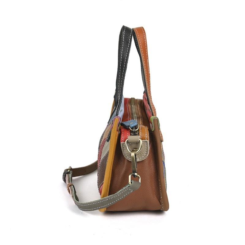 Johnature Borsa da Donna in Vera Pelle Retro Splicing Colore Casuale Borsa a Mano Versatile Morbida Pelle di Mucca Borsa a Spalla