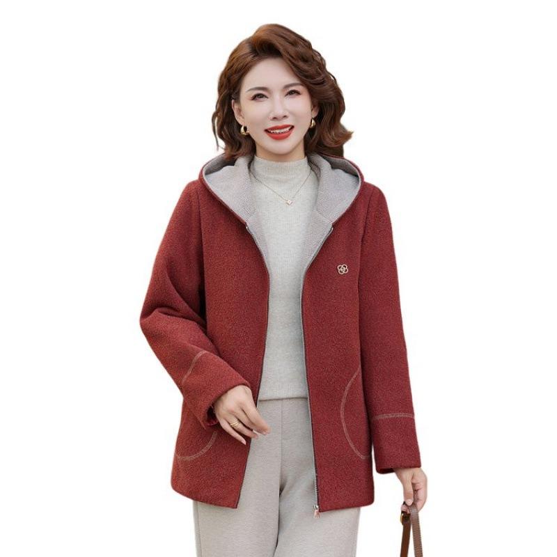 

Hooded woolen jacket Mom medium-sized female fleece thickened casual coat 1XL [recommended 80-50kg]