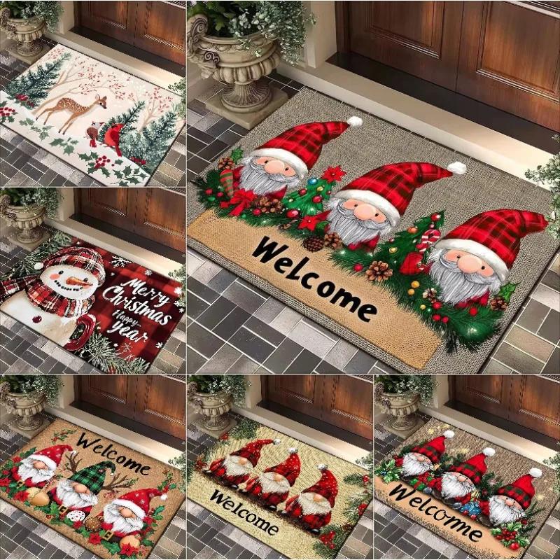 Christmas Elf Welcome Non-slip Water Absorbent Mat Rug Carpet for Bathroom Entryway Red Green Plaid Festive Home Decoration