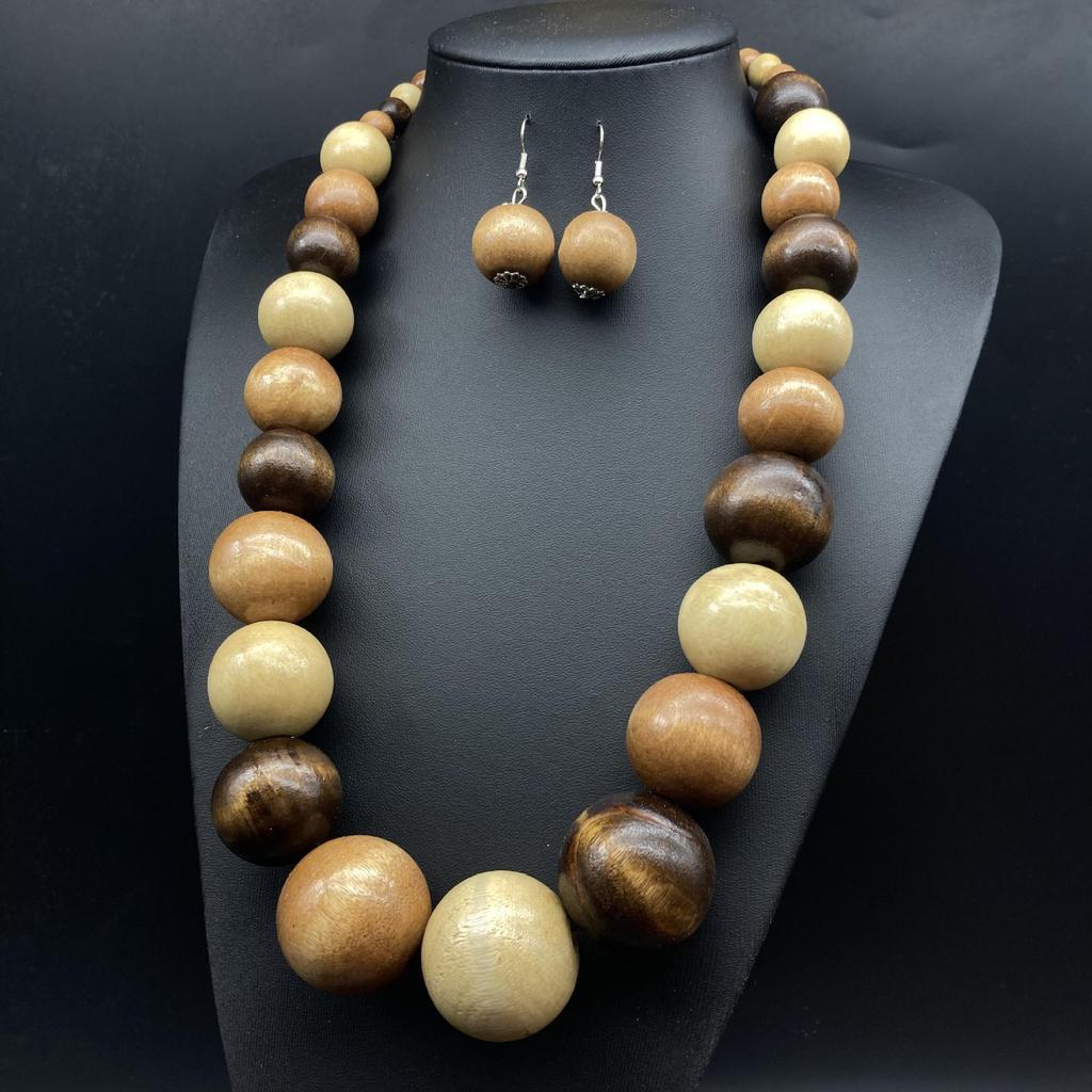 Bohemian Wooden Bead Necklace & Earrings Set