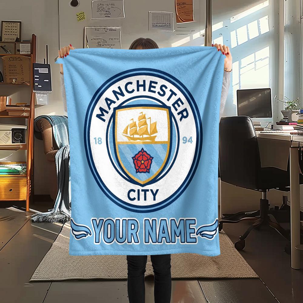 Custom Name Manchester City2 Flannel Blanket, High Quality Comfortable for All Seasons, Home Decor, Warmth and Comfort