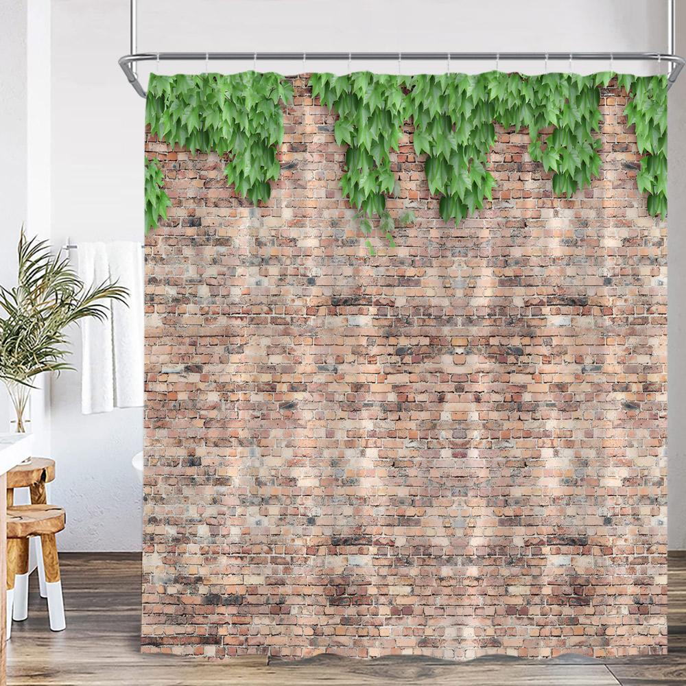 Green Vines Bathroom Curtains Brik Stone Wall Plants Bath Decorations Shower Curtain Polyester Fabric Bathtub Curtain With Hooks
