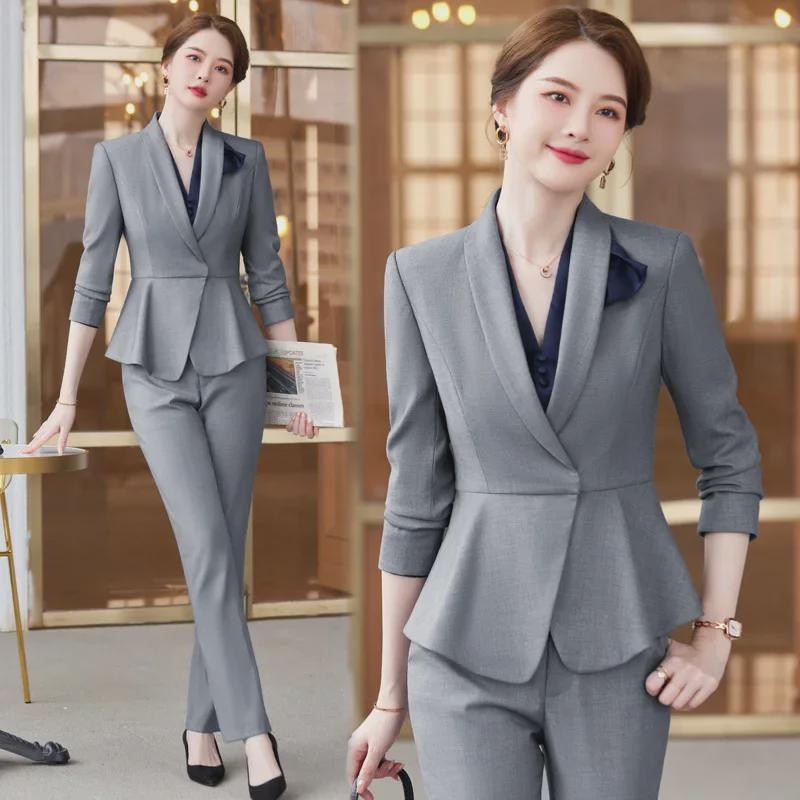 Women's Professional Long-Sleeve Suit - Stewardess Style for Hotel, Salon, Front Desk