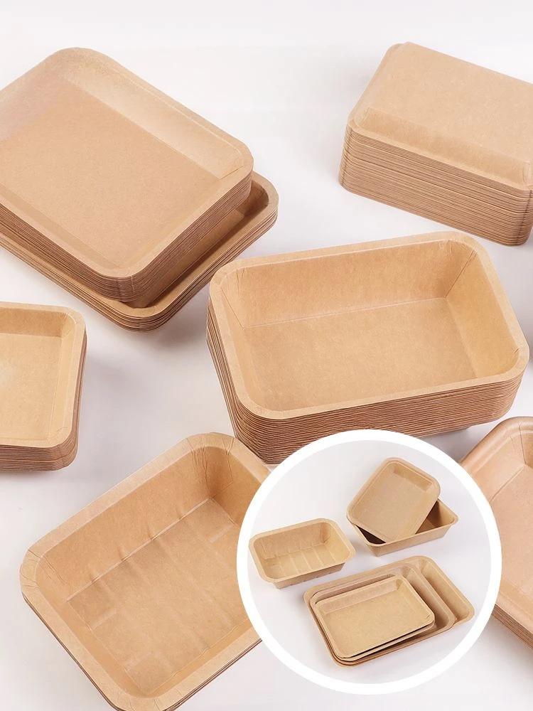 Disposable Food Grade Kraft Paper Lunch Box Waterproof Oil-proof Square Paper Plate Snack Tray Thickened Fruit Barbecue Plate
