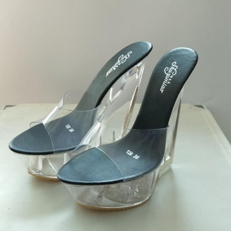 

Крутые тапочки на очень высоком каблуке, прозрачные женские босоножки специальной формы с кристаллами и водонепроницаемой платформой на танкетке 15 см LFD-126-9 35 чёрный