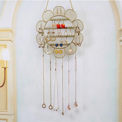 Earrings Display Stand with Metal Chain Flower Shape Grid Design Large Capacity Wall Decoration Jewelry Hanging Holder Shop Necklace Organizer
