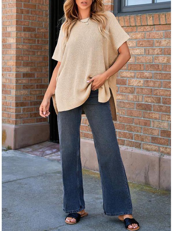 2024 Women's Summer Solid Color Knit Crew Neck Pullover T-Shirt - European & American Casual Loose Fit, Drop Shoulder, Short Sleeve Top