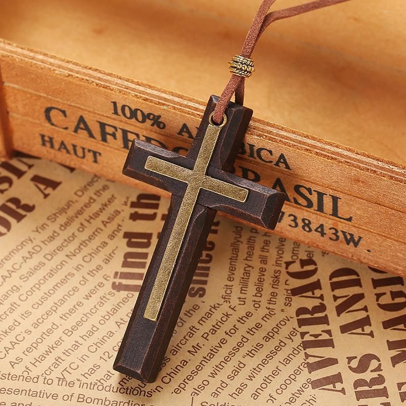 Fashion Cross Wooden Pendant Men's and Women's Necklace Black Brown Sweater Chain Rope Religious Neutral Jewelry Accessories