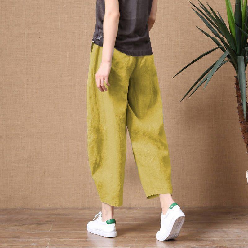 

2026 Women s Plus Size Gray Cotton Linen High-Waist Wide-Leg Pants S (80-98 jin)