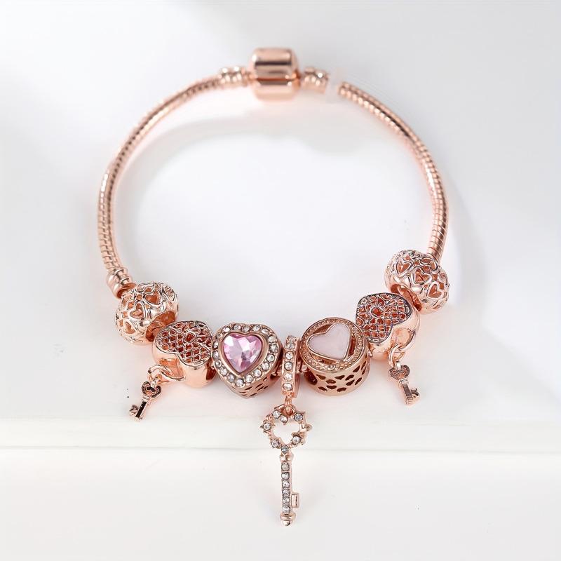 1 pulsera con colgante de llave de corazón de color oro rosa para mujer, pulsera de cuentas con dijes, regalo de joyería