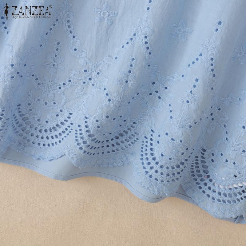 ZANZEA Damen Sommer Stickerei Lässig Rundhals Kurzarm T-Shirts