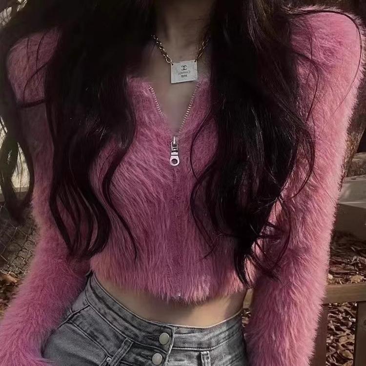 

Вязаный кардиган в стиле знаменитостей, женская верхняя одежда, модный осенне-зимний новый облегающий темпераментный короткий свитер 412-151 (average size) розовый