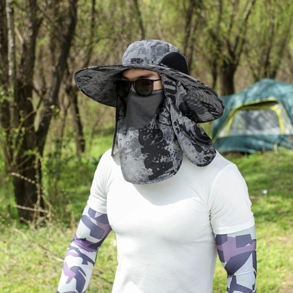 Wide Brim Men Sun Hat with Shawl Veil Camouflage Caps Mask Set Fisherman Hat  Unisex