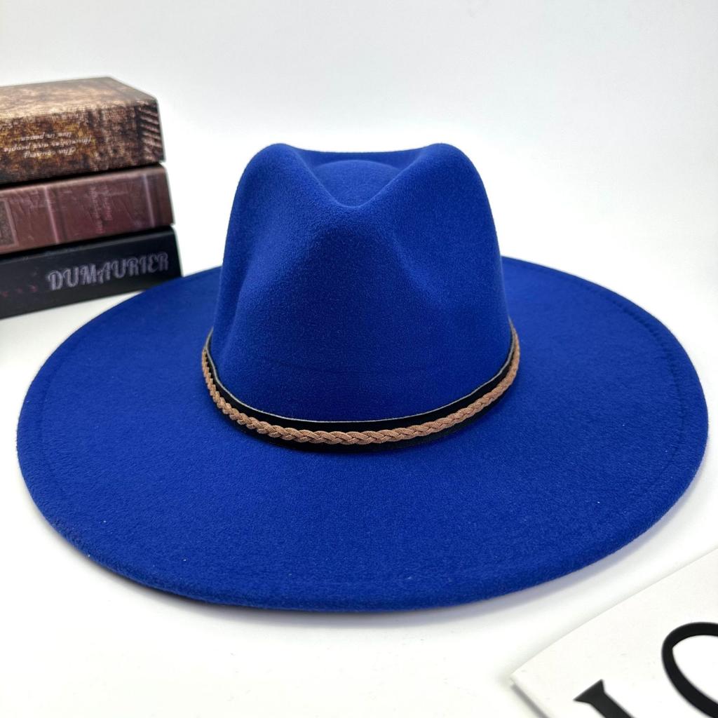 Hot autumn and winter new European and American style monochrome men's and women's belt hats simple woolen flat brim big edge jazz hats