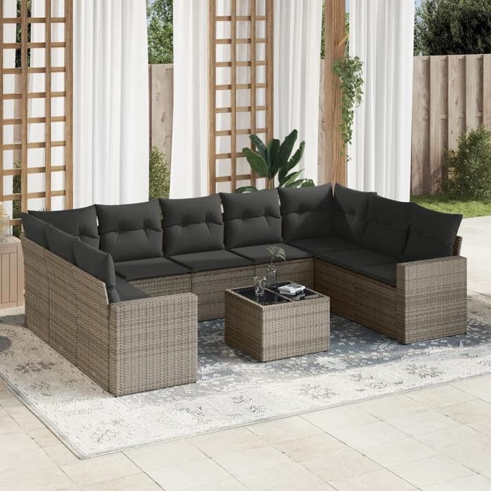 VidaXL Salon de Jardin avec Coussins 10 pcs, Canapés de Terrasse, Ensemble de Meubles de Patio, Mobilier d'Extérieur, Gris 3251747