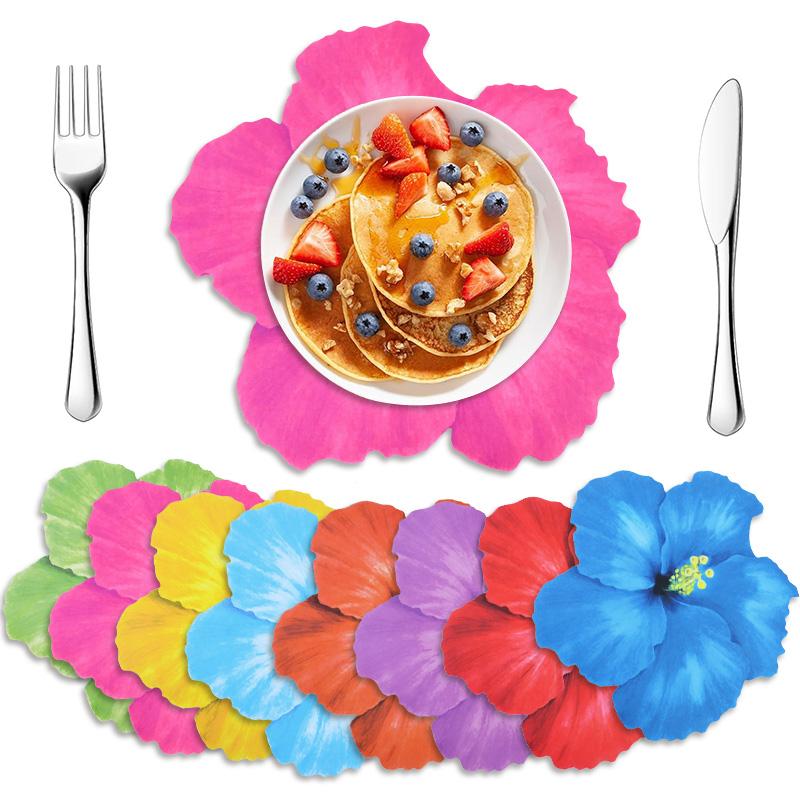 8Pcs Hawaiian Hibiscus Flower Shape Paper Placemat Summer Wedding Birthday Party Dining Table Decor Supplies Disposable Tablemat