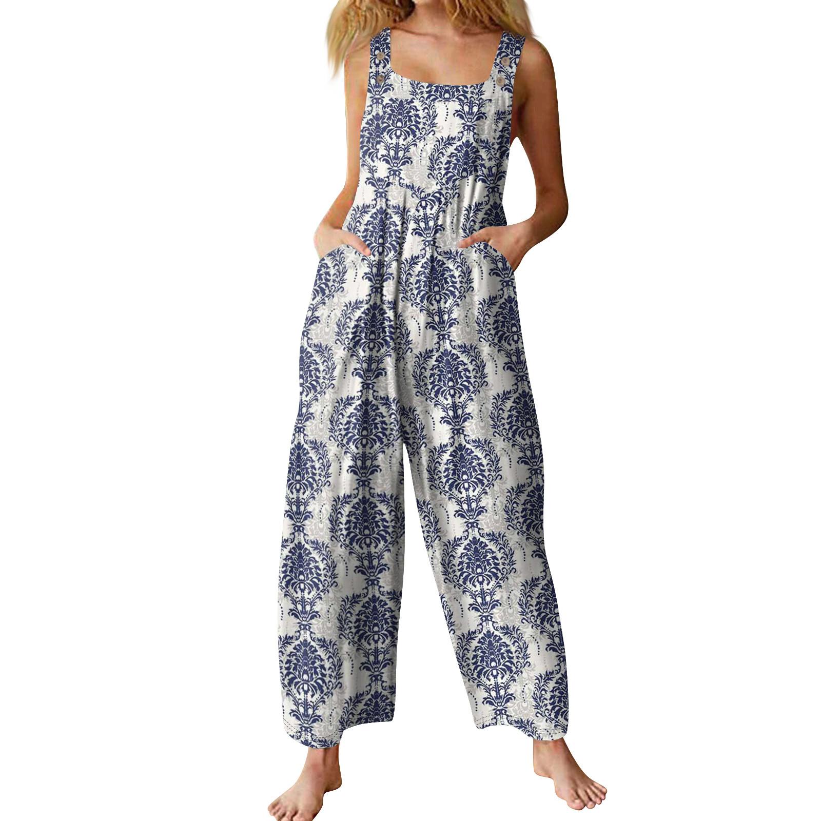 

Women s Casual Jumpsuit Sleeveless Popular Floral Print Jumpsuit M білий