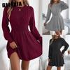 Autumn and Winter Solid-color Twisted Waist Lantern Long-sleeved Sweater Dress A-line Skirt Women's Clothing