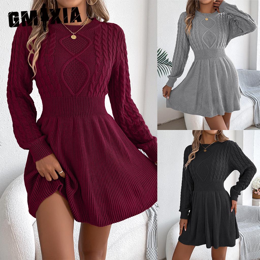 GMXIA Autumn and Winter Solid-color Twisted Waist Lantern Long-sleeved Sweater Dress A-line Skirt Women's Clothing