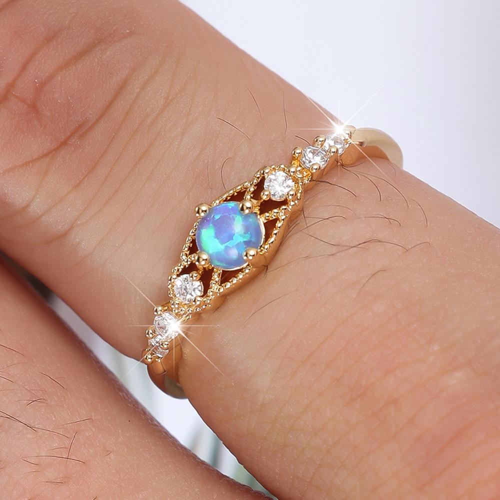 

Маленькие круглые тонкие кольца с голубым опалом для женщин, винтажное золотое обручальное кольцо с белым цирконием, подарок на свадьбу 10 золотой/синий