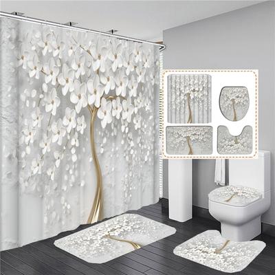 Élégant Bouquet de Fantastiques Fleurs Blanches Style 3D Rideau de Douche Rideau de Salle de Bain avec Tapis de Bain Ensemble Floral Décoration de Maison