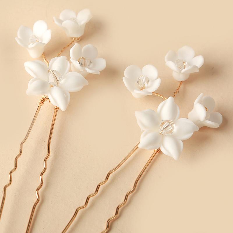 Fashion Ceramic Flower Bride Hair Pins for Women Bridal Wedding Tiara Head Ornaments Headdress Hair Pin Hair Accessories Jewelry