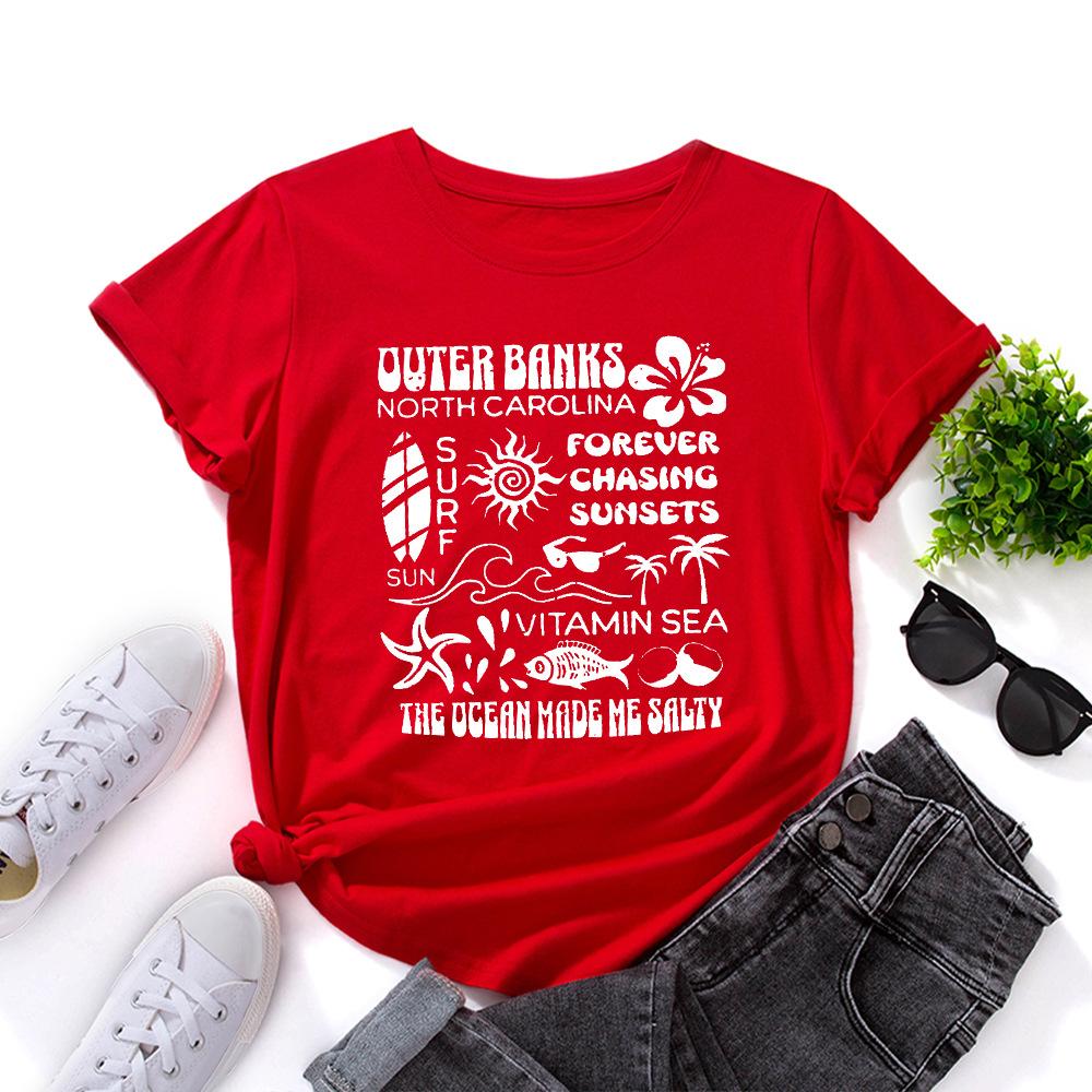 Alphabet Cotton T-Shirt Short Sleeve Round Neck Women 2d Print Tops