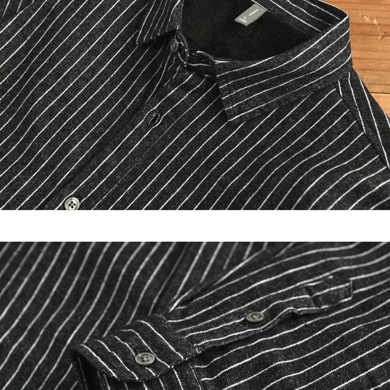 Winter Warm Men Shirt Daily Casual Men Tops Korean Style Striped Fleece Shirt Lapel Collar Brushed Button Up Shirt