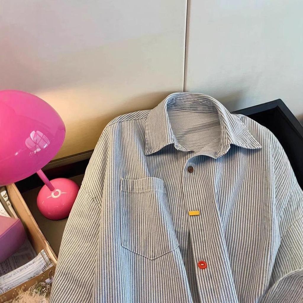 Women's Retro Color Block Striped Denim Shirt - Minimalist, Versatile, Long Sleeve Top