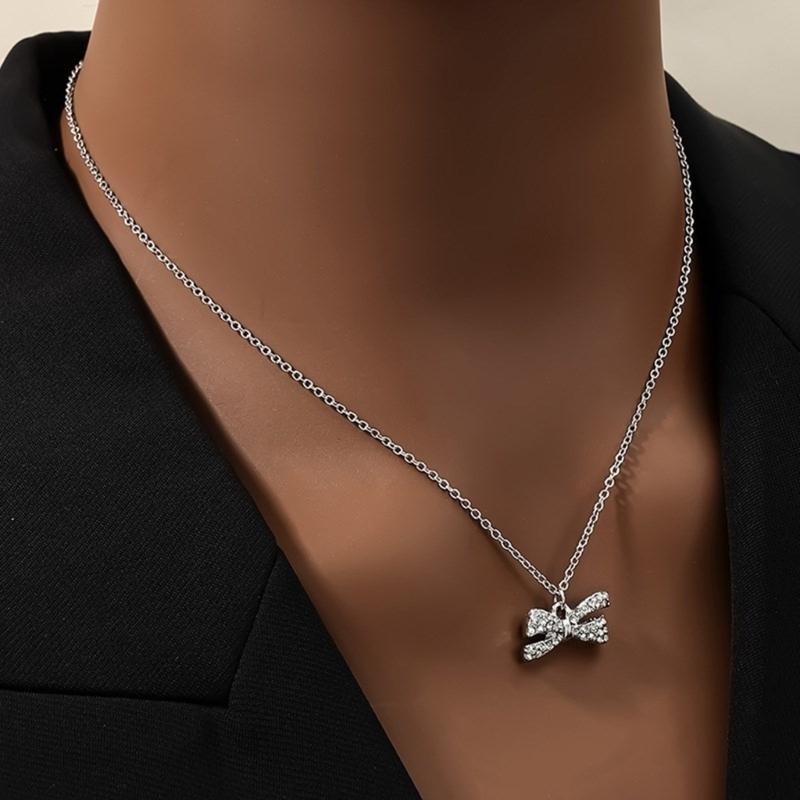 Delicate Bowknot Pendant Necklace and Earrings Combo Graceful Women's Neckchain and Ear Studs Jewelry Set Collection