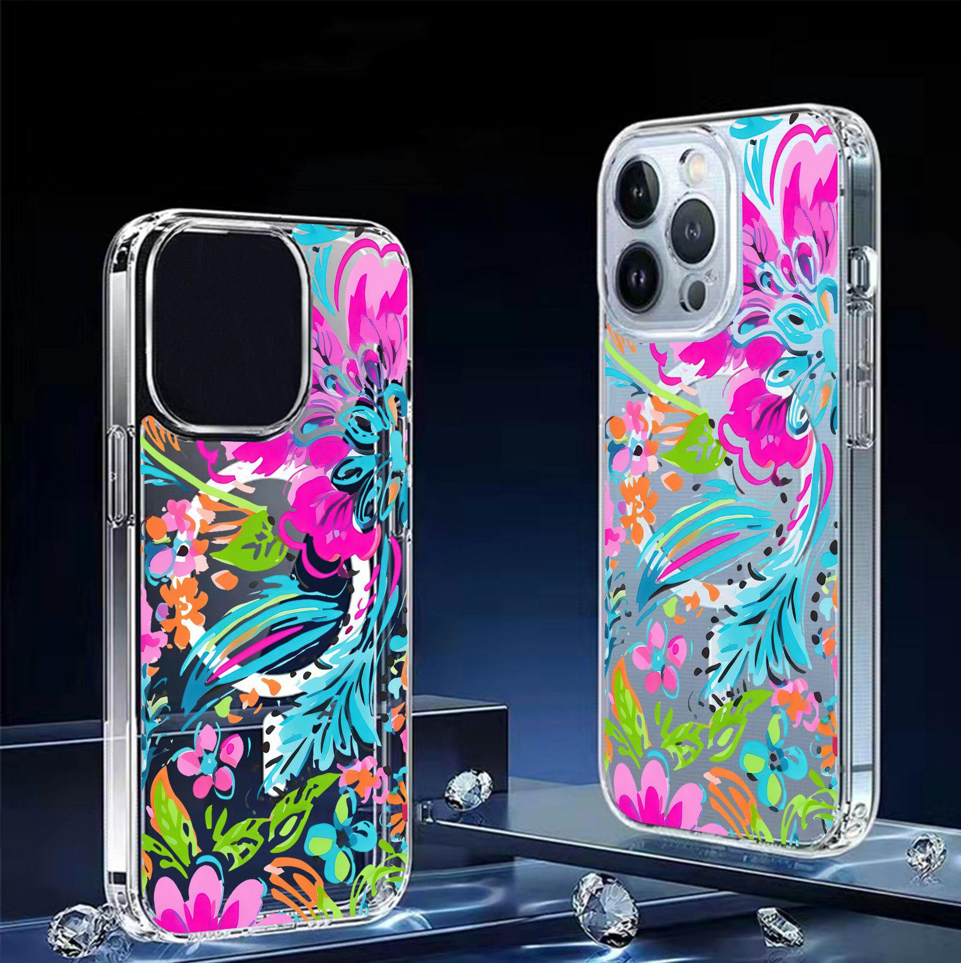 

Colorful Floral Magnetic Transparent Full Coverage Case for iPhone 15/16/17 Pro Max Galaxy S25 Ultra прозорий