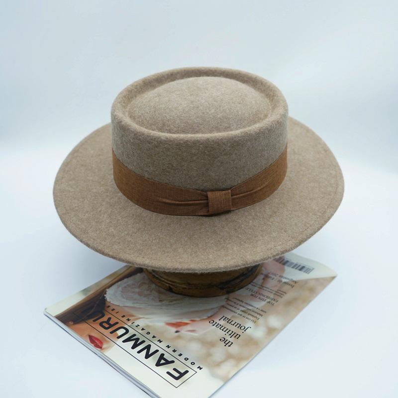 French Retro Elegant Mocha Oat Mixed Camel Flat Top Top Hat Women'S Autumn And Winter British Wool Felt Foreign Trade
