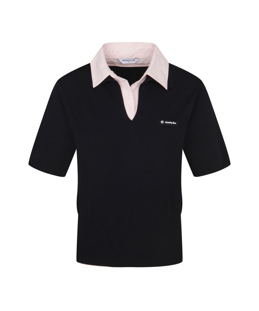 MONDAYFLOW Shirt Layered Knit Top Short Sleeve_Dark Navy