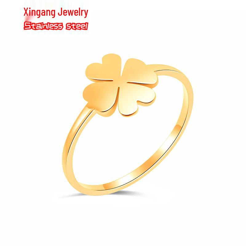 Light Luxury Titanium Steel Four-Leaf Clover Women's Ring - Non-Fading, Korean Hip-Hop Style, Thin Plain Band.