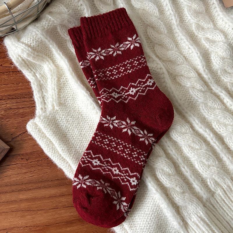 New Year's Wool Pile Socks for Autumn and Winter, Bright Red Warm Cartoon Embroidery Mid-calf Solid Color Striped Twisted Socks for Women