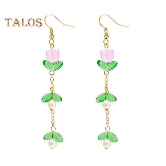 1 Pair Women Hook Earrings Faux Pearl Tulip Shape Long Tassel Alloy Electroplated Ear Jewelry Lady Prom Cocktail Party Dangle Earrings Hanging