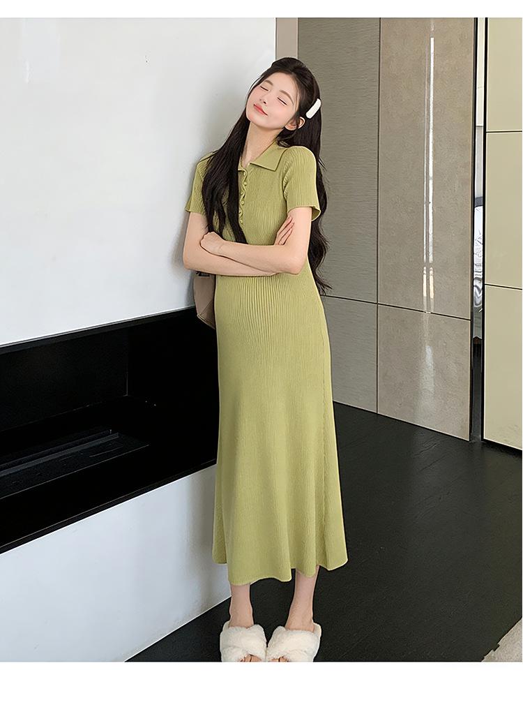 Korean Style Maternity Knit Dress - Plus Size Polo Collar, Loose Fit (2026 Collection)