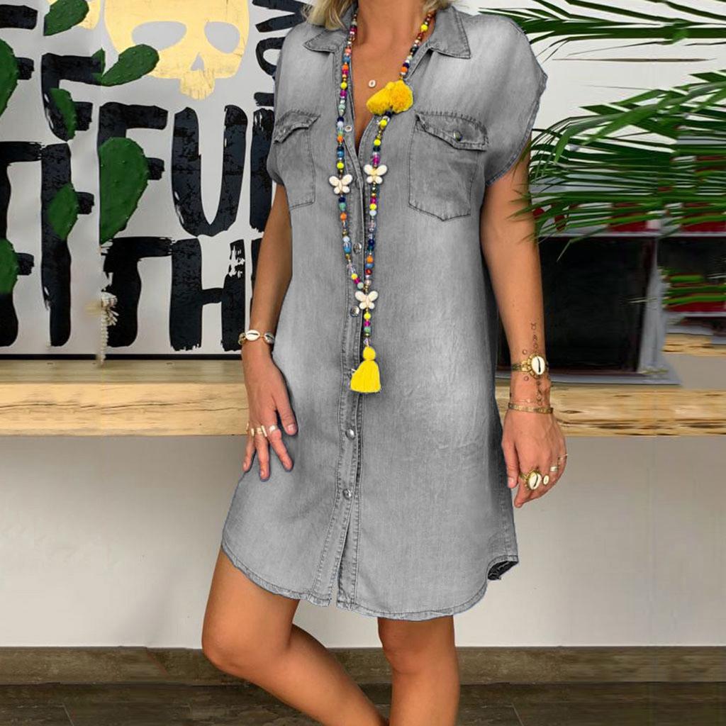 Women's Casual V-neck Denim Party Dress Sleeveless Swing Dress