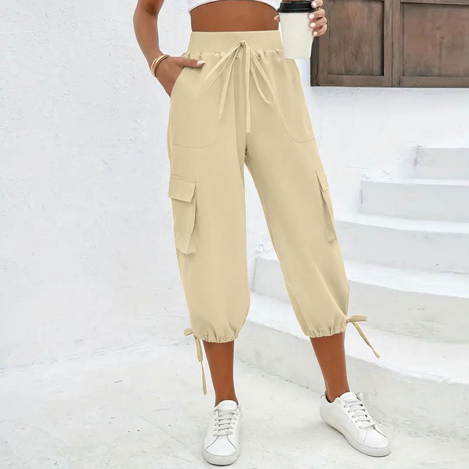 

Женские капри с карманами, эластичные, легкие, повседневные брюки карго, летние укороченные брюки, одежда для улицы XXL хаки