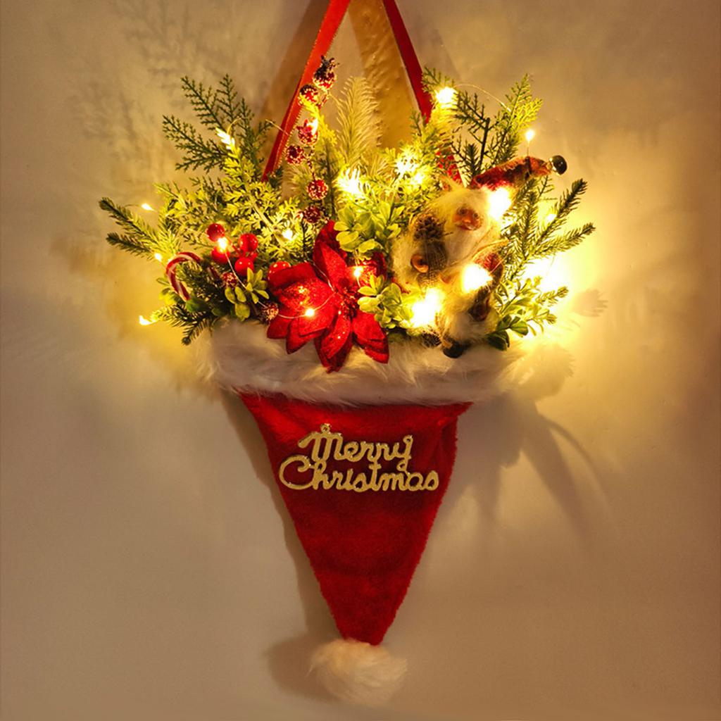 Creative Luminous Christmas Hat Decorative Door Hanging Pendant, Christmas Green Plant Needle Door Hanging Christmas Tree Decoration Supplies