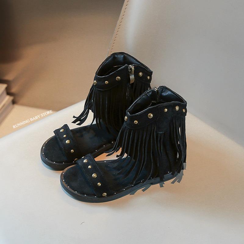 

One-strap Summer Roman Shoes for Girls Tassel Rivets High-top Sandals Little Girl Soft Sole Bohemian Dress Shoes Child I06133 26 чорний