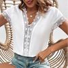 Women Short Sleeve Blouse V Neck Lace Trim Hollow Out Summer Casual Solid Color Top